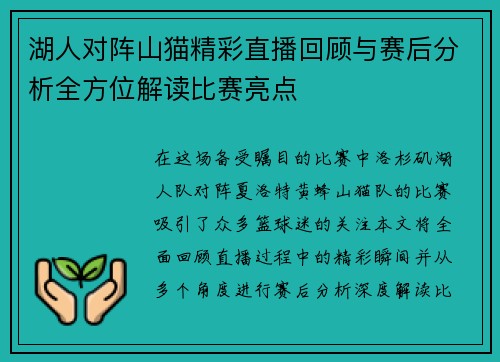 湖人对阵山猫精彩直播回顾与赛后分析全方位解读比赛亮点